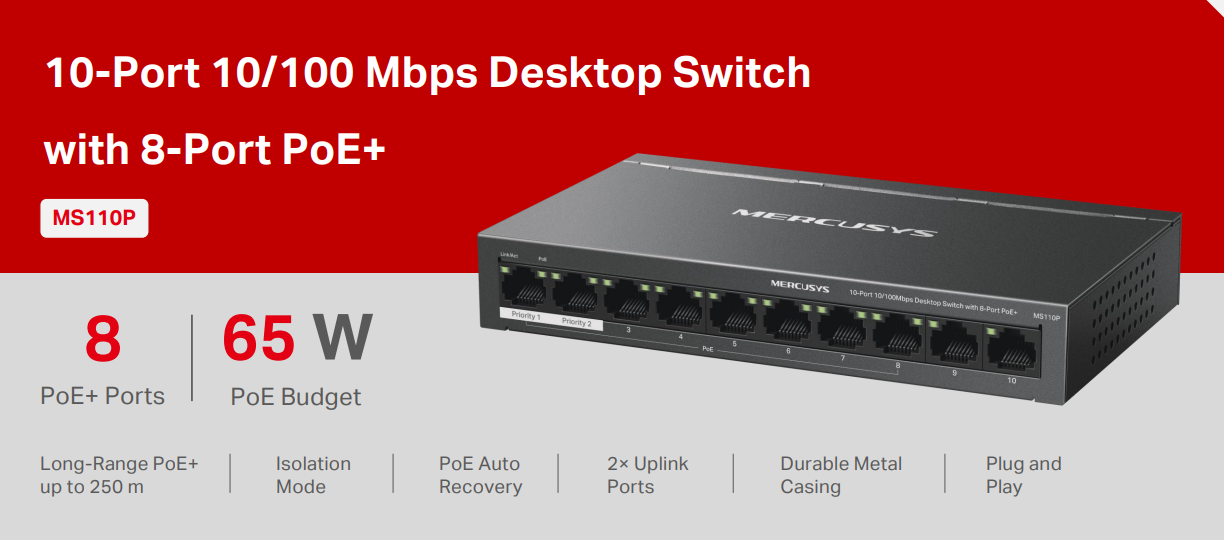 Switch Desktop 10 porte 10/100 PoE+ - Mercusys MS110P